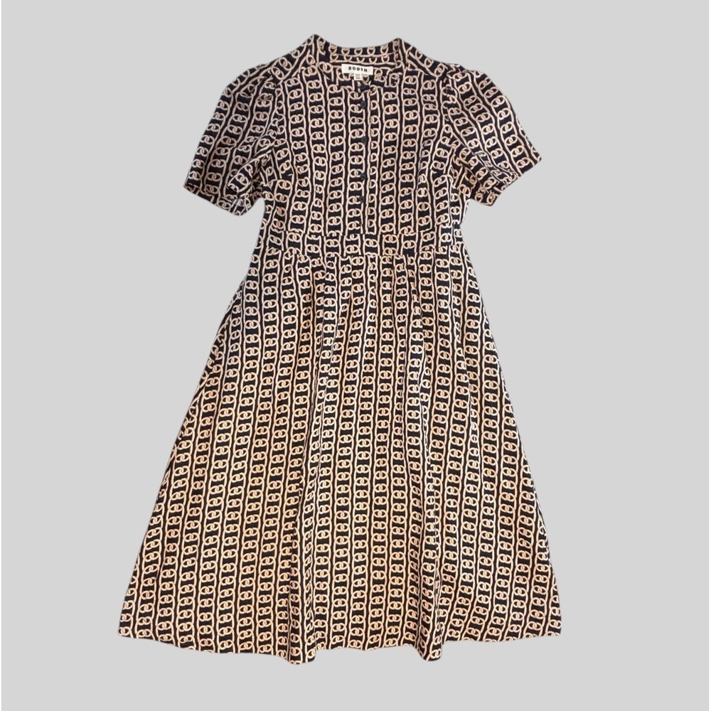 Boden Ivy Button Linen Midi Dress Sz 12 Petite French Navy Rope Trellis Pockets